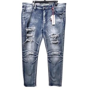 New RGSTR Dark Blue Distressed Ripped Slim Fit Jeans Knee Panel Mens Size 38x31